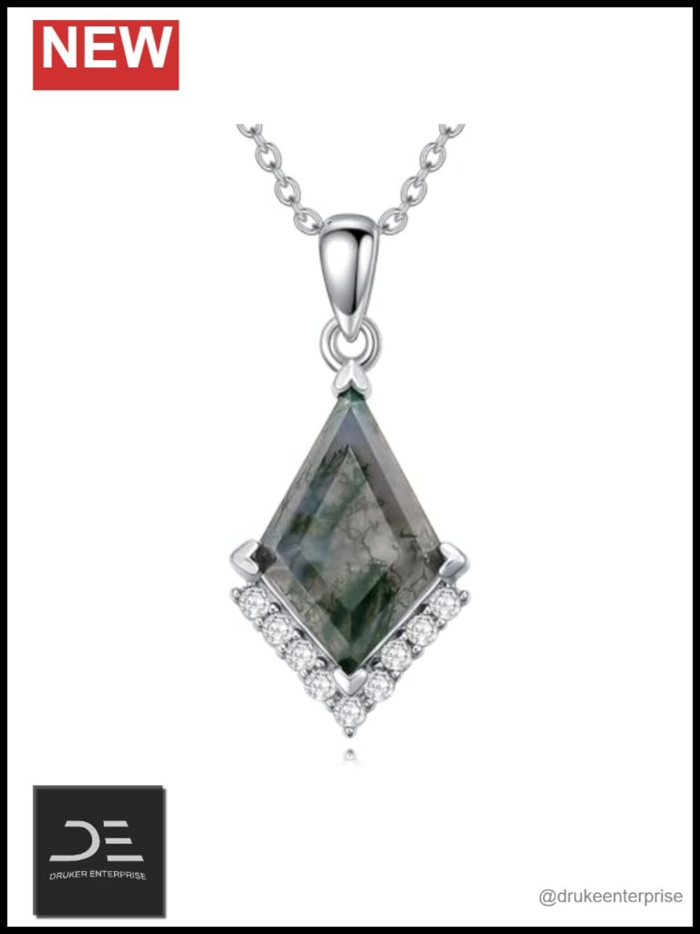 925 Sterling Silver Kite Cut Green Moss Agate Pendant Necklace Cubic Zirconia
